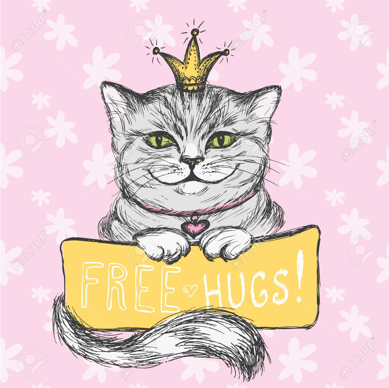 かわいい手描き下ろしカード 猫と碑文 無料抱擁は 花の背景ベクトル イラストのイラスト素材 ベクタ Image