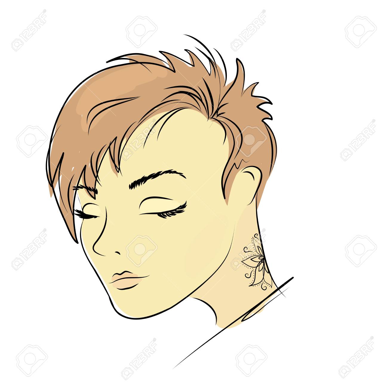 Visage De Belle Femme Tatouage Sur Le Cou Isolé Sur Blanc Illustration Vectorielle Dessinés à La Main