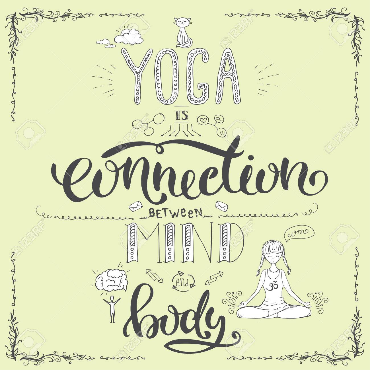 ヨガは心と体 手描き 株式ベクトル図をレタリングの間の接続 のイラスト素材 ベクタ Image