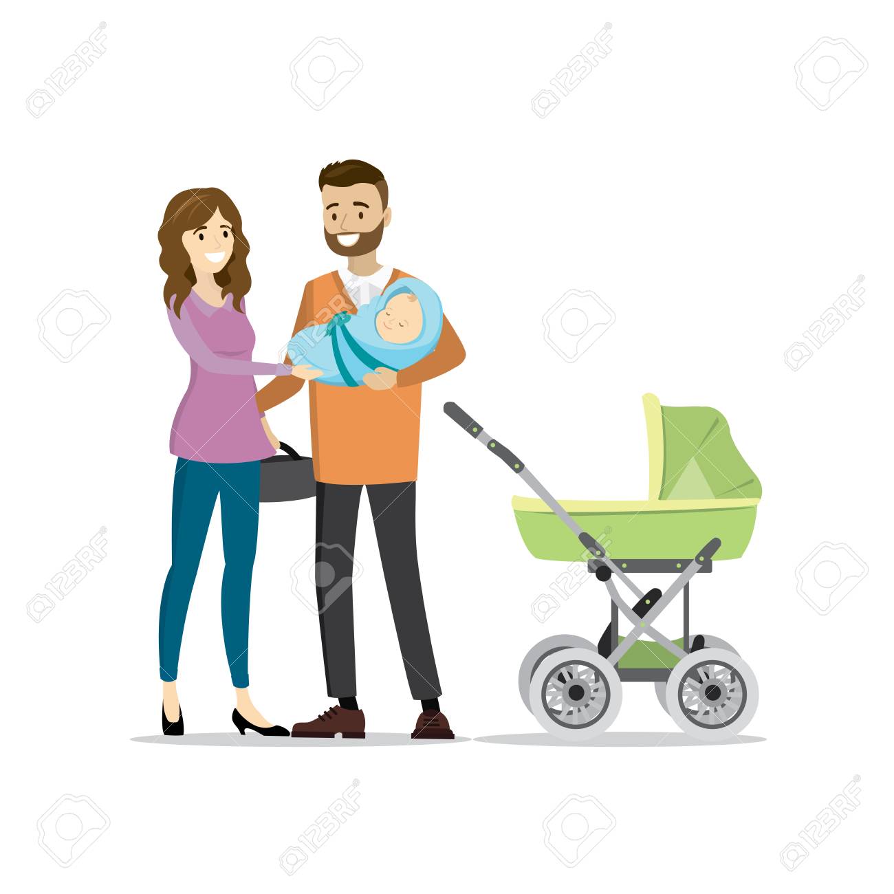 Couple Famille Avec Bebe Nouveau Ne Et Landau Illustration De Vecteur De Dessin Anime Isole Sur Fond Blanc Clip Art Libres De Droits Vecteurs Et Illustration Image