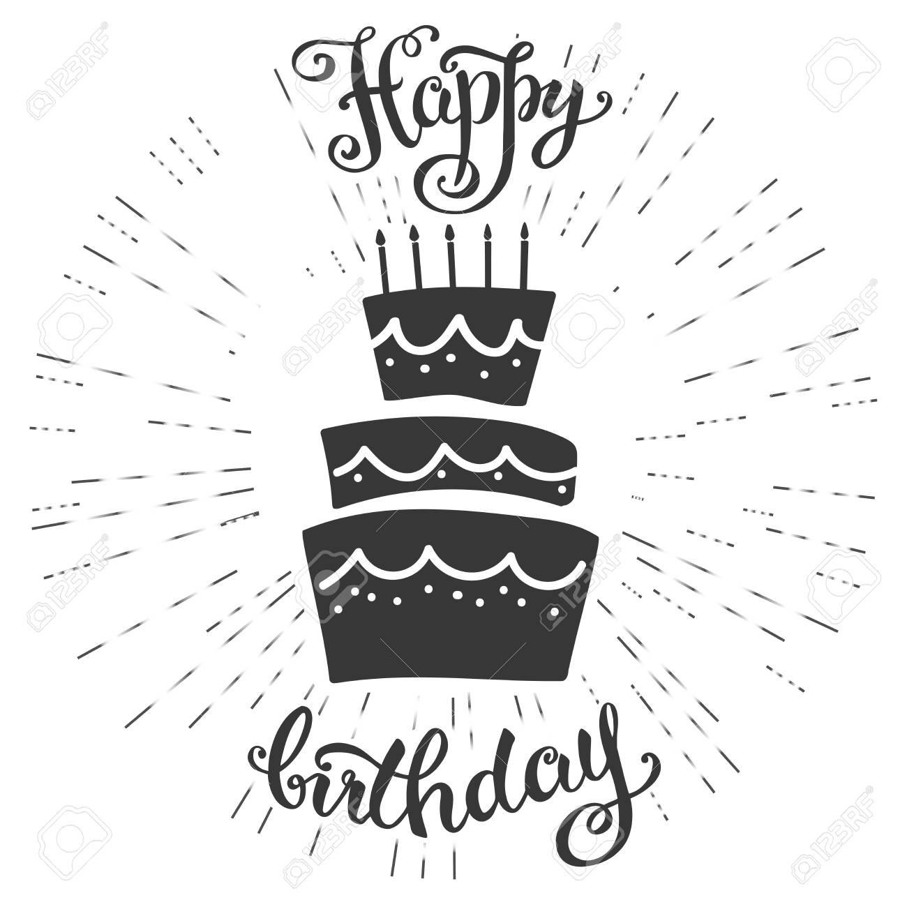 面白い幸せな誕生日ケーキ 手描きのレタリングと落書きパイ のイラスト素材 ベクタ Image