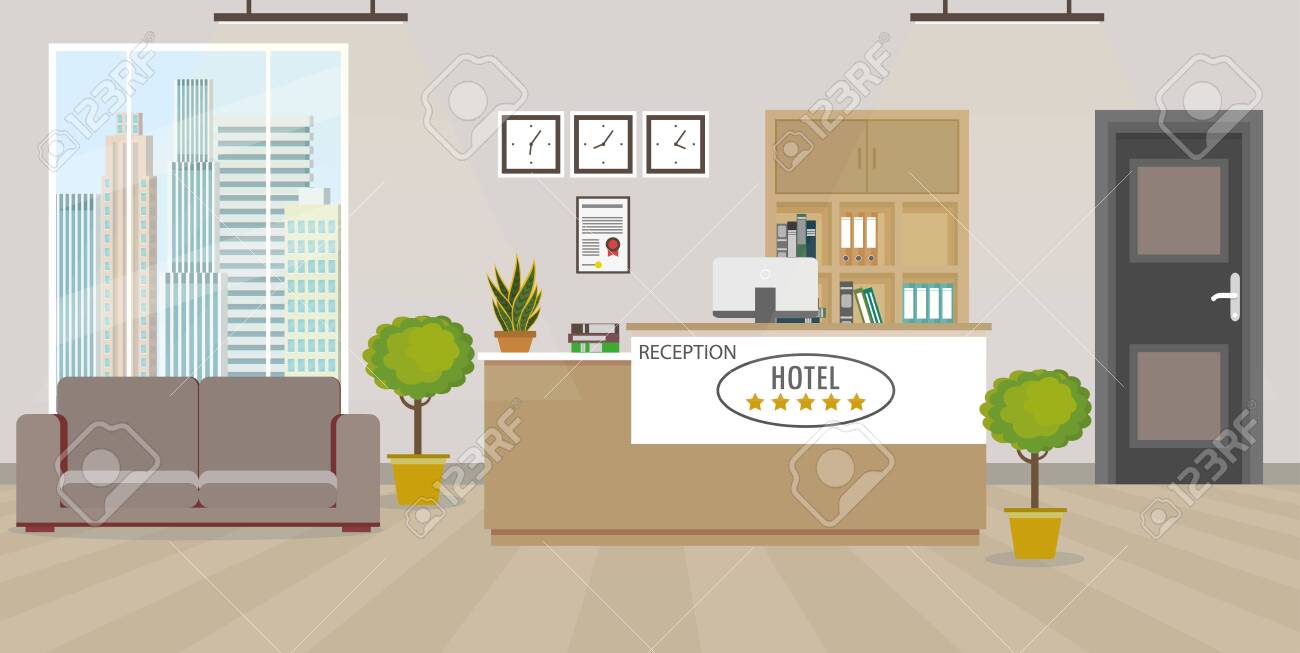 Modern empty hotel reception interior with furniture.Flat style vector illustration - 152246290 Modern empty hotel reception interior with furniture.Flat style vector illustration - 152246290