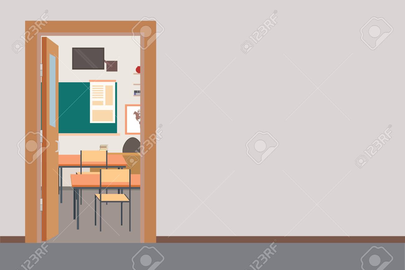 Empty School Interior,school Hall With Open Door In Classroom,place For  Text,flat Vector Illustration Royalty Free SVG, Cliparts, Vectors, and  Stock Illustration. Image 153381441., image size:1300x866