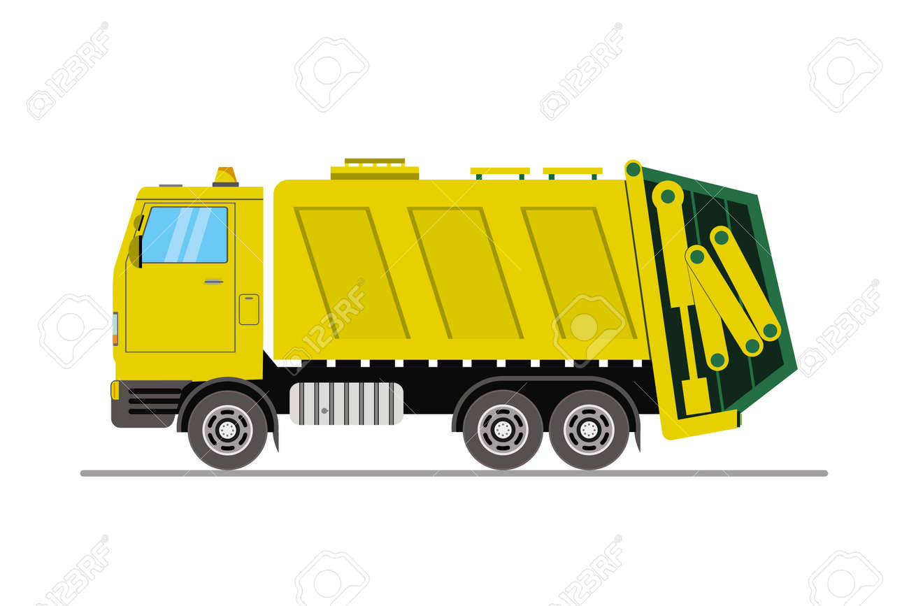 Yellow garbage truck side view, cartoon vehicle isolated on white background, flat vector illustration - 168650486 Yellow garbage truck side view, cartoon vehicle isolated on white background, flat vector illustration - 168650486