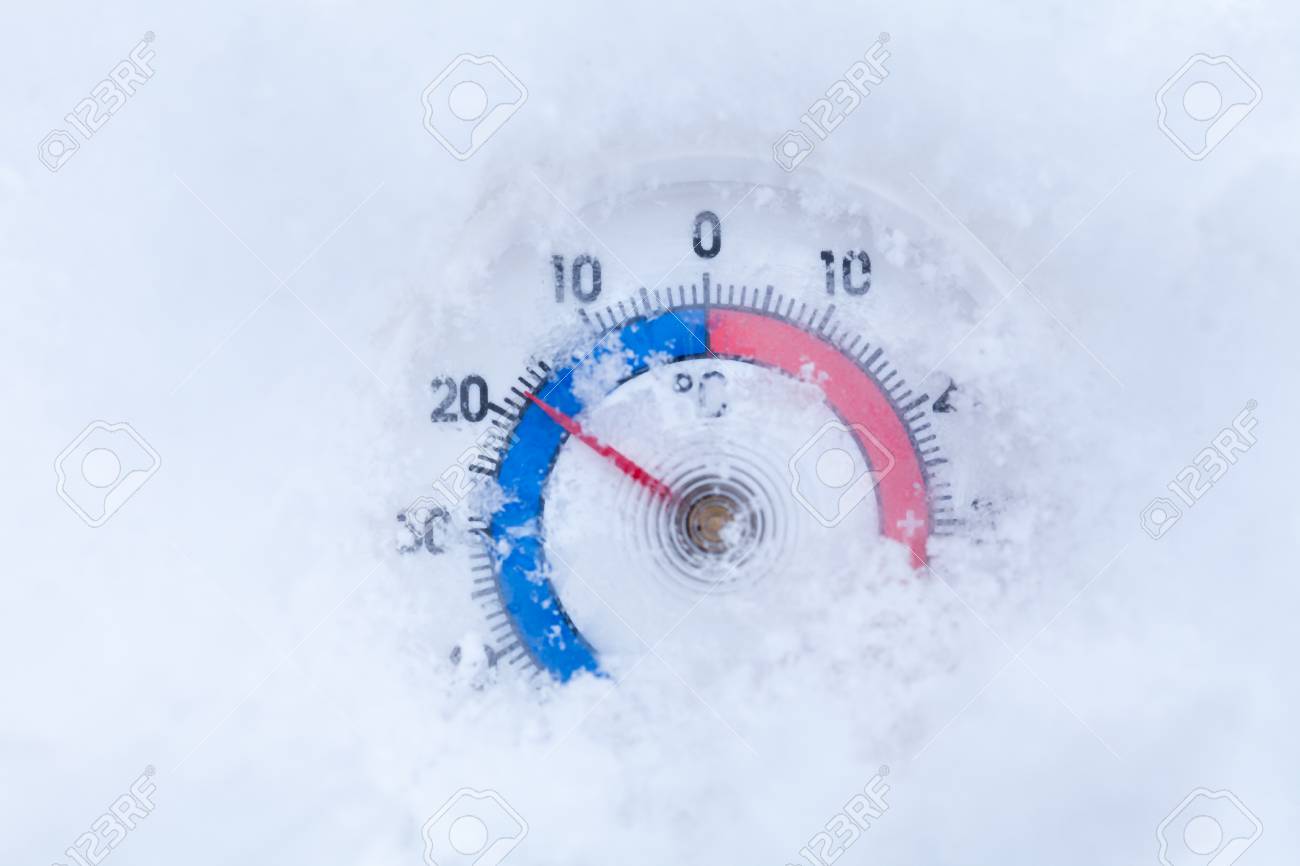 frozen thermometer with celsius scale showing sub zero temperature