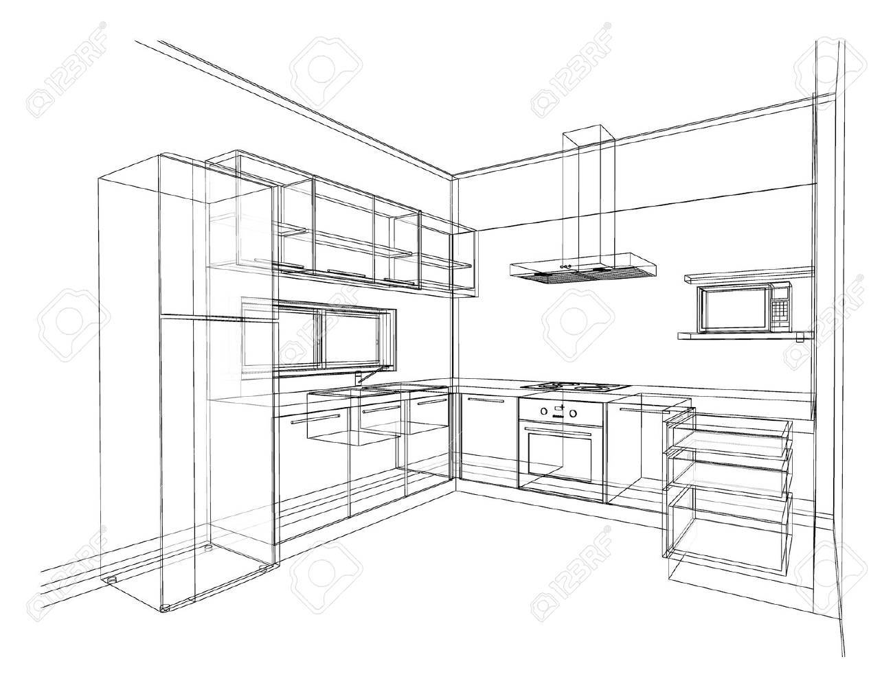 Interior design of modern style kitchen, 3D wire frame sketch, perspective - 65989605 Interior design of modern style kitchen, 3D wire frame sketch, perspective - 65989605