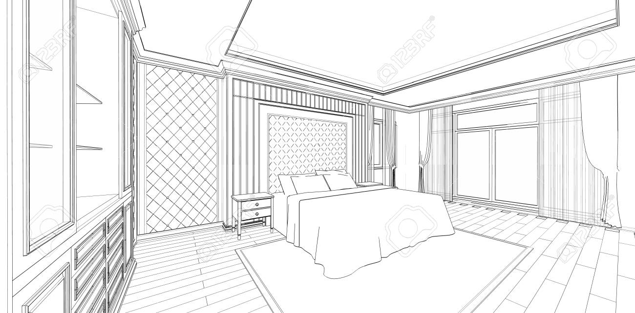 Interior Design Of Modern Classic Style Bedroom, 3D Outline Sketch,  Perspective Stock Photo, Picture and Royalty Free Image. Image 134729861., image size:1300x642