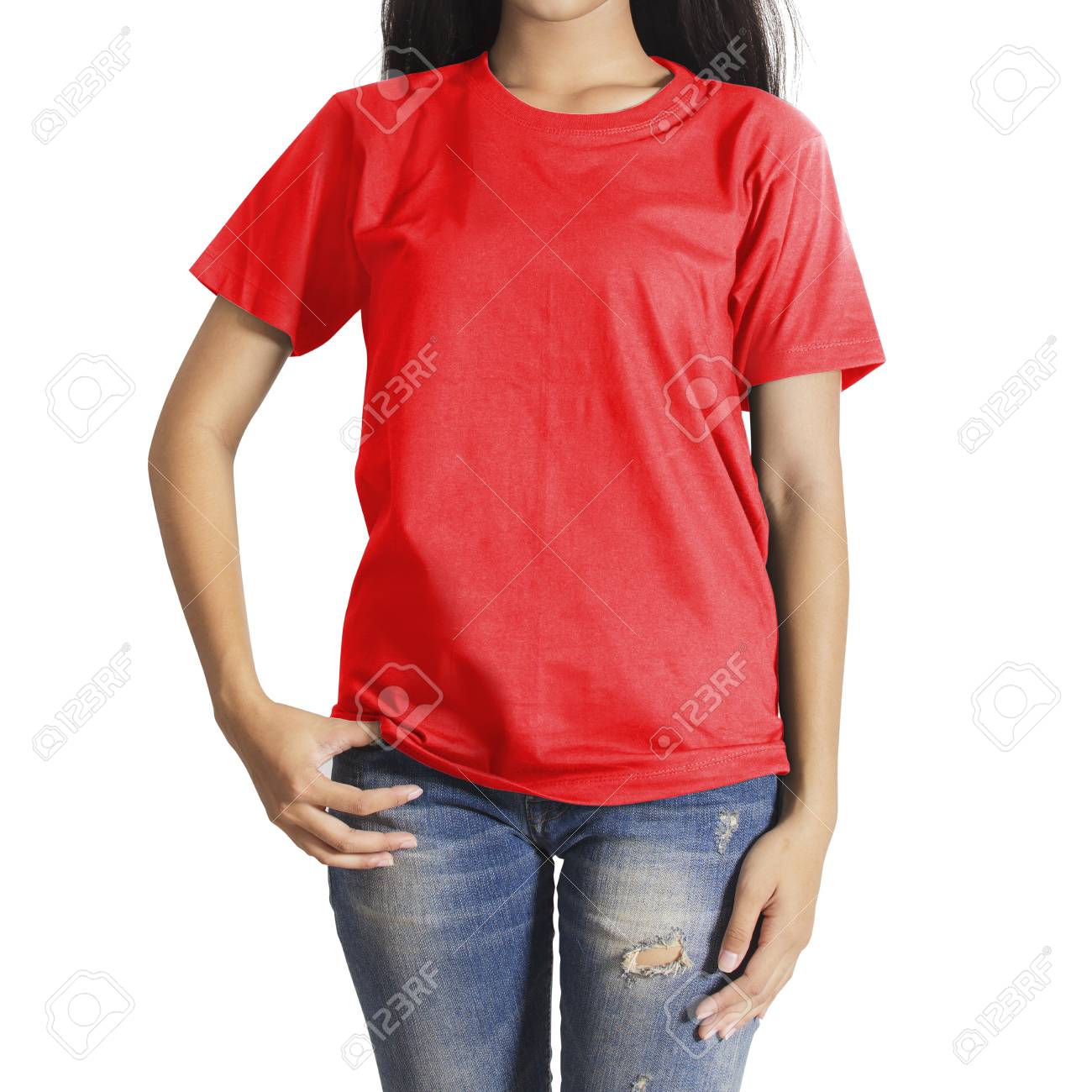 red t shirt and blue jeans