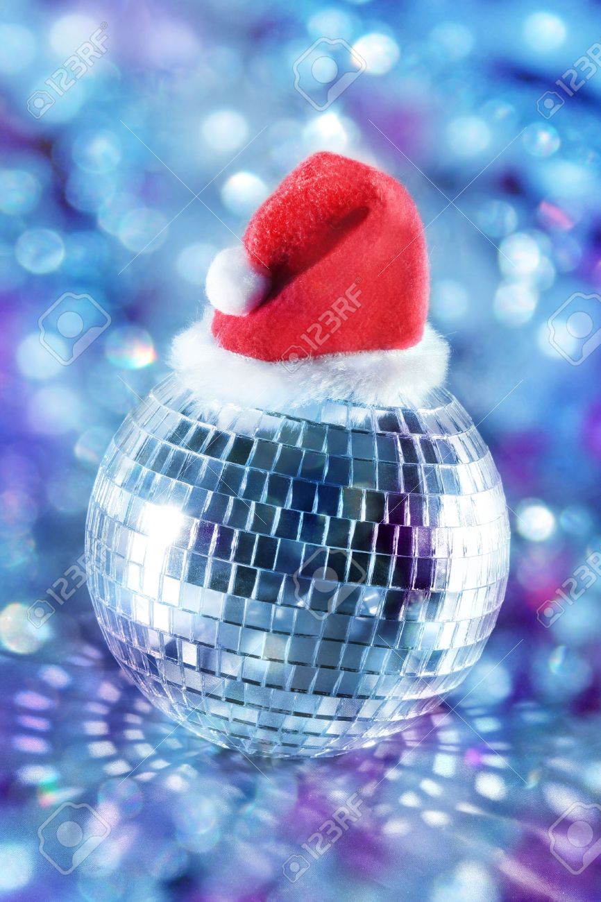 shiny disco ball in santa hat stock photo picture and royalty free