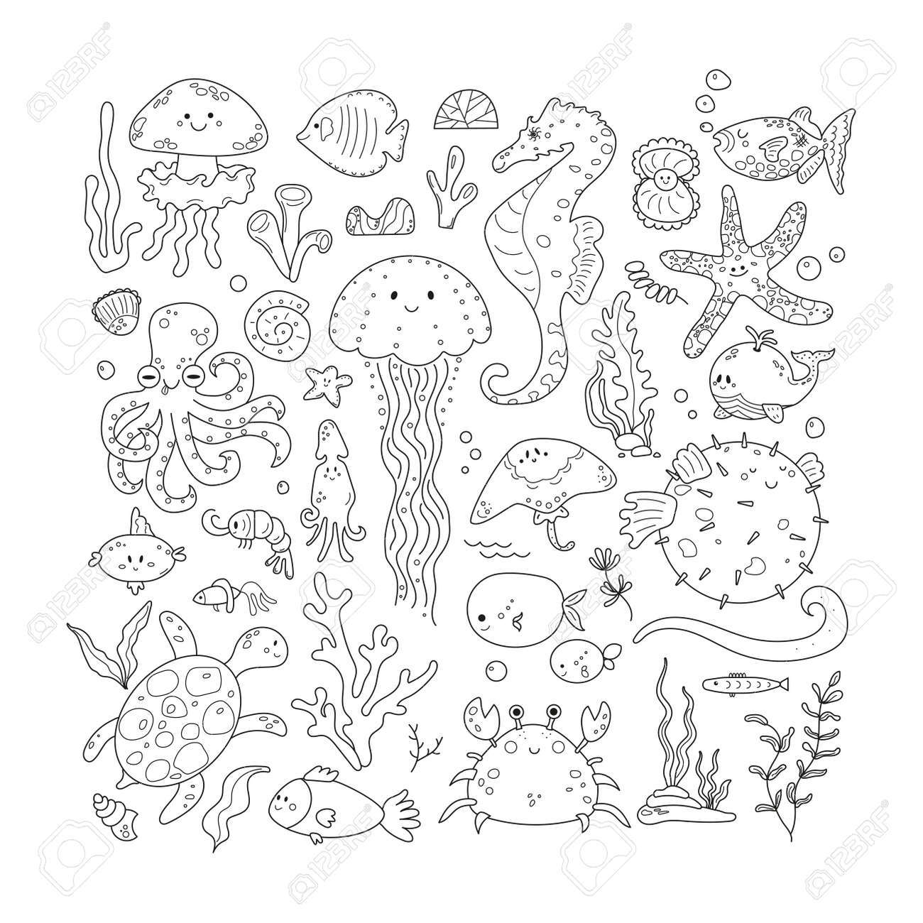 Cute Sea Creatures And Underwater Animals Doodle Set. Water Turtle, Whale,  Octopus, Jellyfish, Crab And Fish. Marine Life Elements In Sketch Style.  Outline Vector Illustration Royalty Free SVG, Cliparts, Vectors, and Stock, image size:1300x1300