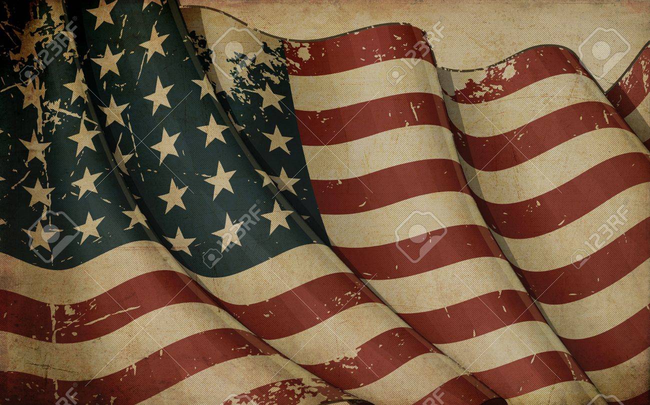 Illustration Ofan Aged, Waving US 48 Star Flag Of The Period 1912-1959  Printed In Old Paper This Design Was Used By The US In Both World Wars And  The Korean War Stock, image size:1300x811