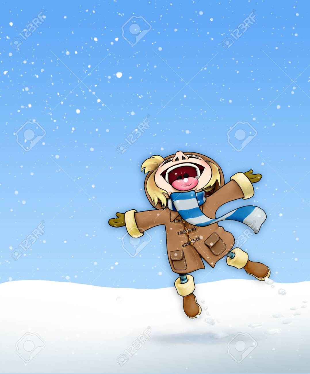 最初の雪を楽しむ茶色のコートで幸せな若い女の子のイラスト の写真素材 画像素材 Image