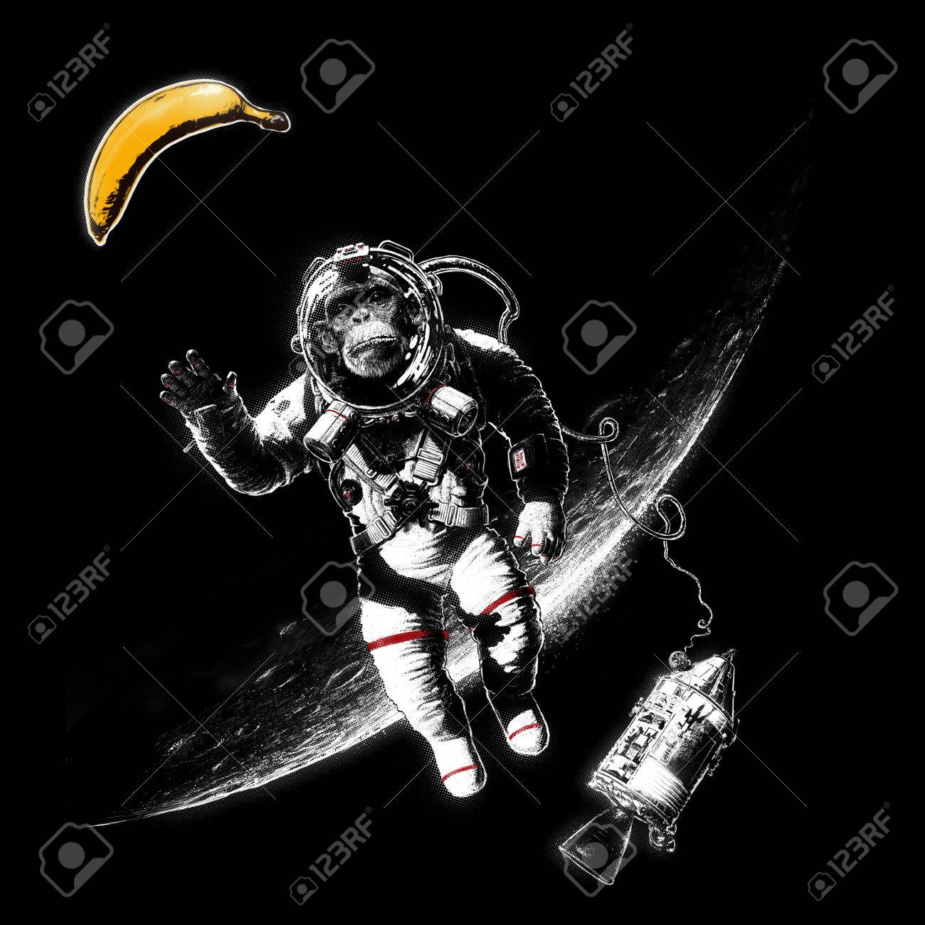Hand Drawn Conceptual Illustration Of Space Monkey Reaching For.