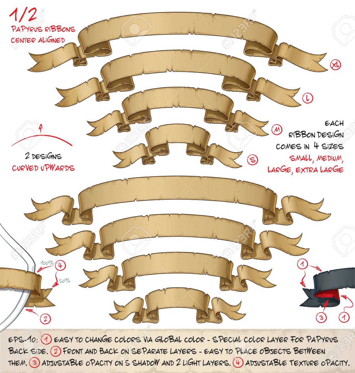 古い時代のパピルスや羊皮紙のリボンのベクター イラストです 4 つのサイズで 2 つのデザインのセットです ちゃんと階層化されて多くのバリエーションと 簡単に編集できるようにラベルのイラスト素材 ベクタ Image