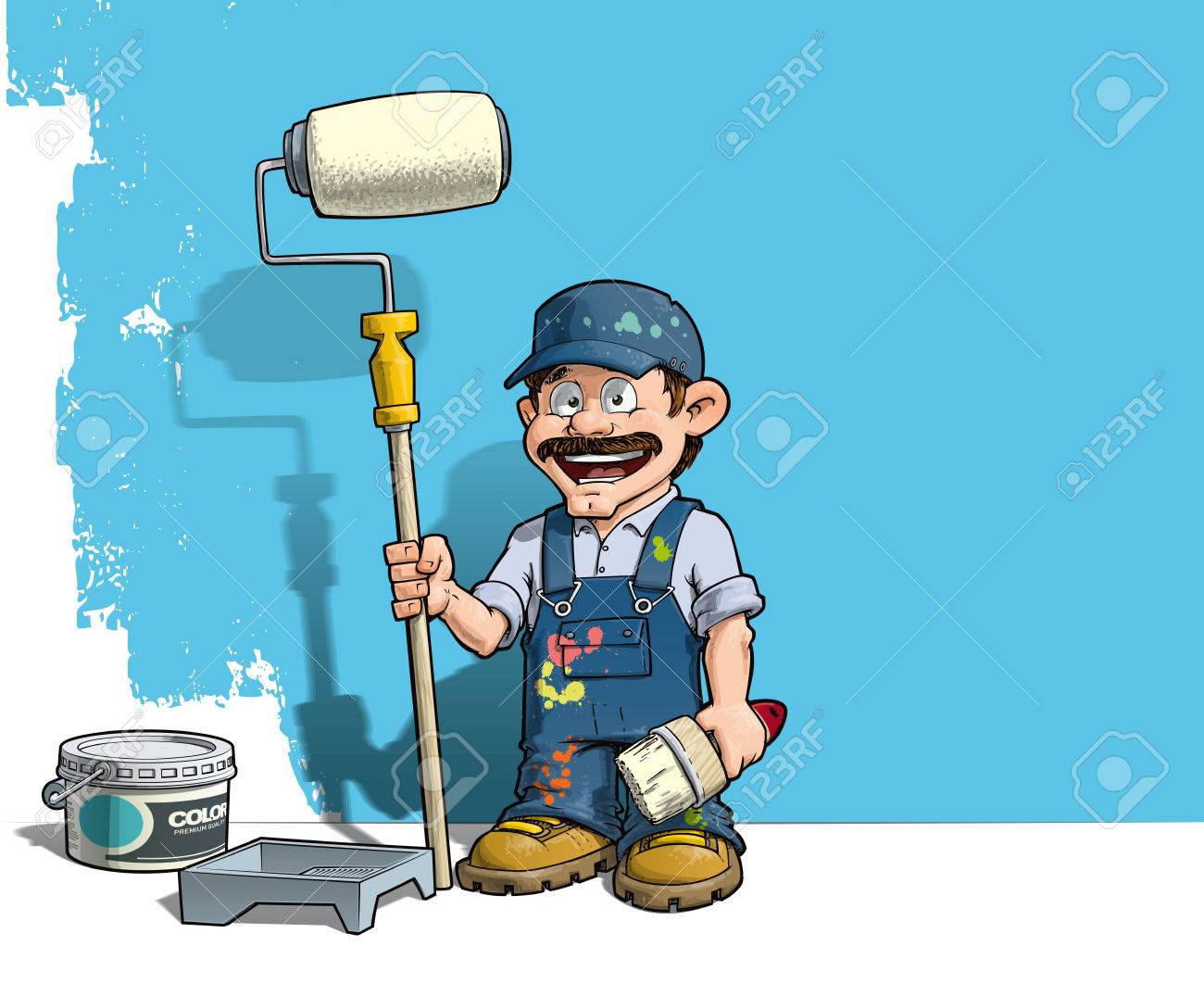Ilustración De Dibujos Animados De Un Manitas - Pintor De Pie Por Un Cubo De Pintura Y Una Bandeja De Pintura, Sosteniendo Un Rodillo De Pintura Delante De Una Pared Pintada A Ilustración De Dibujos Animados De Un Manitas - Pintor De Pie Por Un Cubo De Pintura Y Una Bandeja De Pintura, Sosteniendo Un Rodillo De Pintura Delante De Una Pared Pintada A
