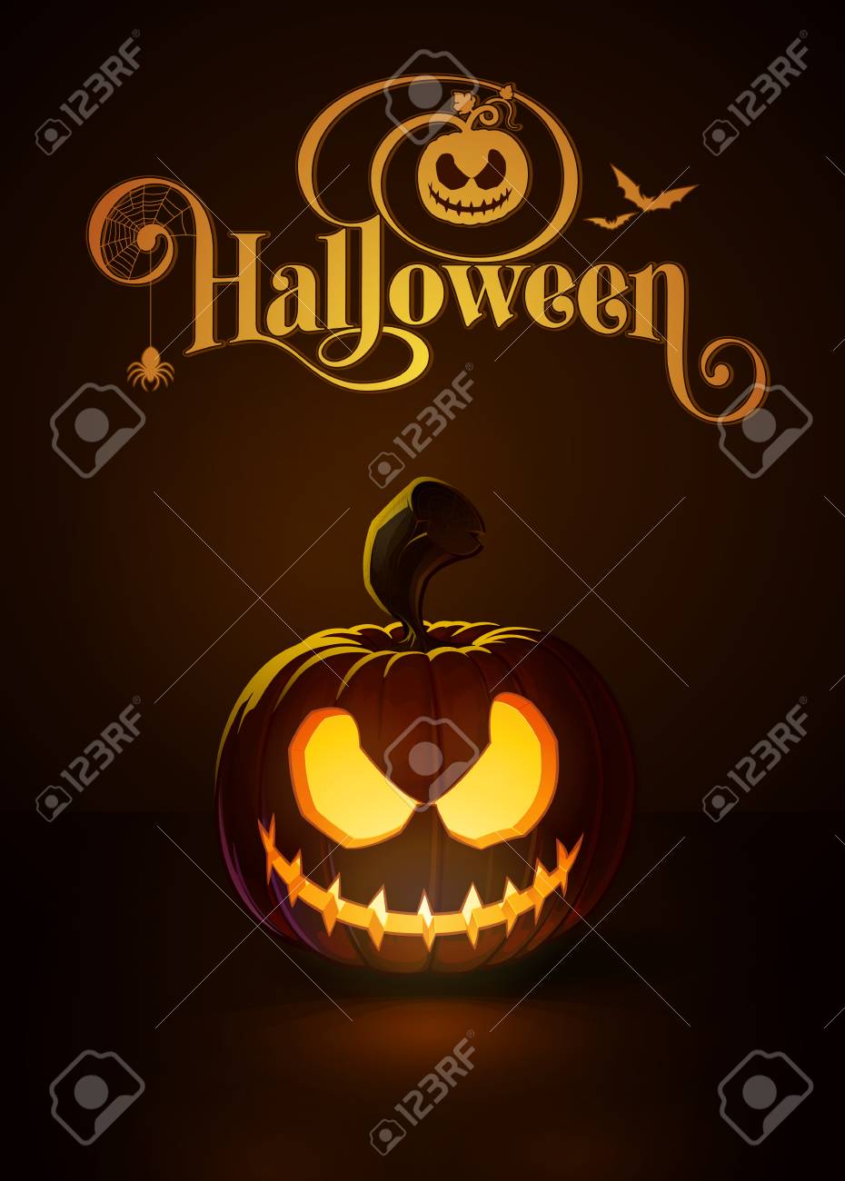 ベクトル イラスト怖い縫いぐるみ人形ジャック O ランタンの暗闇の中で光る ハロウィーン 古いボドニ書体に基づくカスタム タイポグラフィを含まれています レイヤーとグループのちゃんと Eps10 すべての要素 のイラスト素材 ベクタ Image