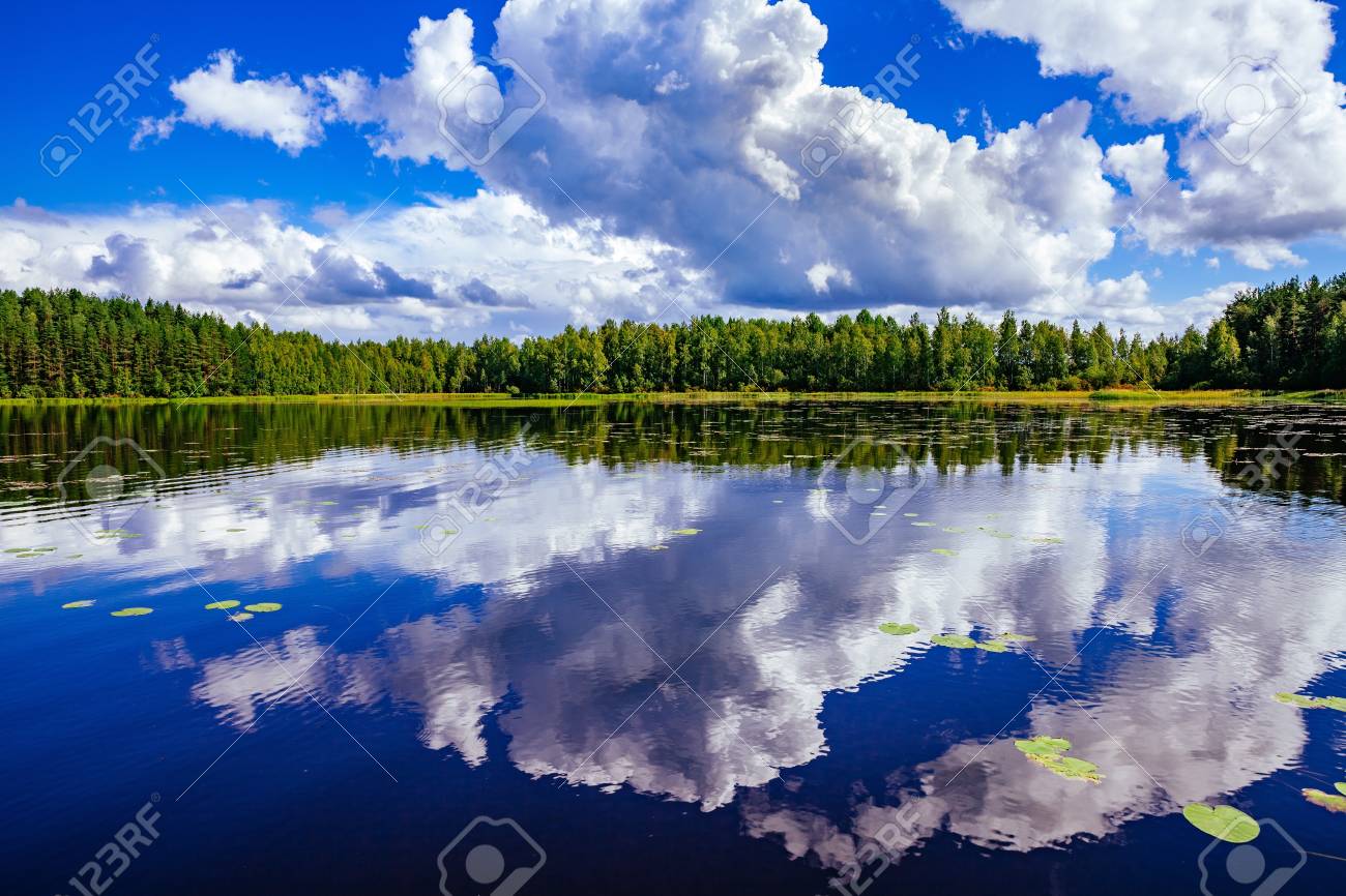 lake landscape at summer in rural finland ロイヤリティーフリーフォト