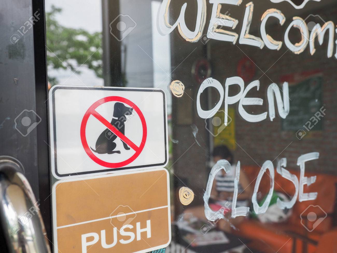 No Dog Allowed Sign On The Glass Door Outside Coffee Stock No Dog Allowed Sign On The Glass Door Outside Coffee Stock Photo 60634916