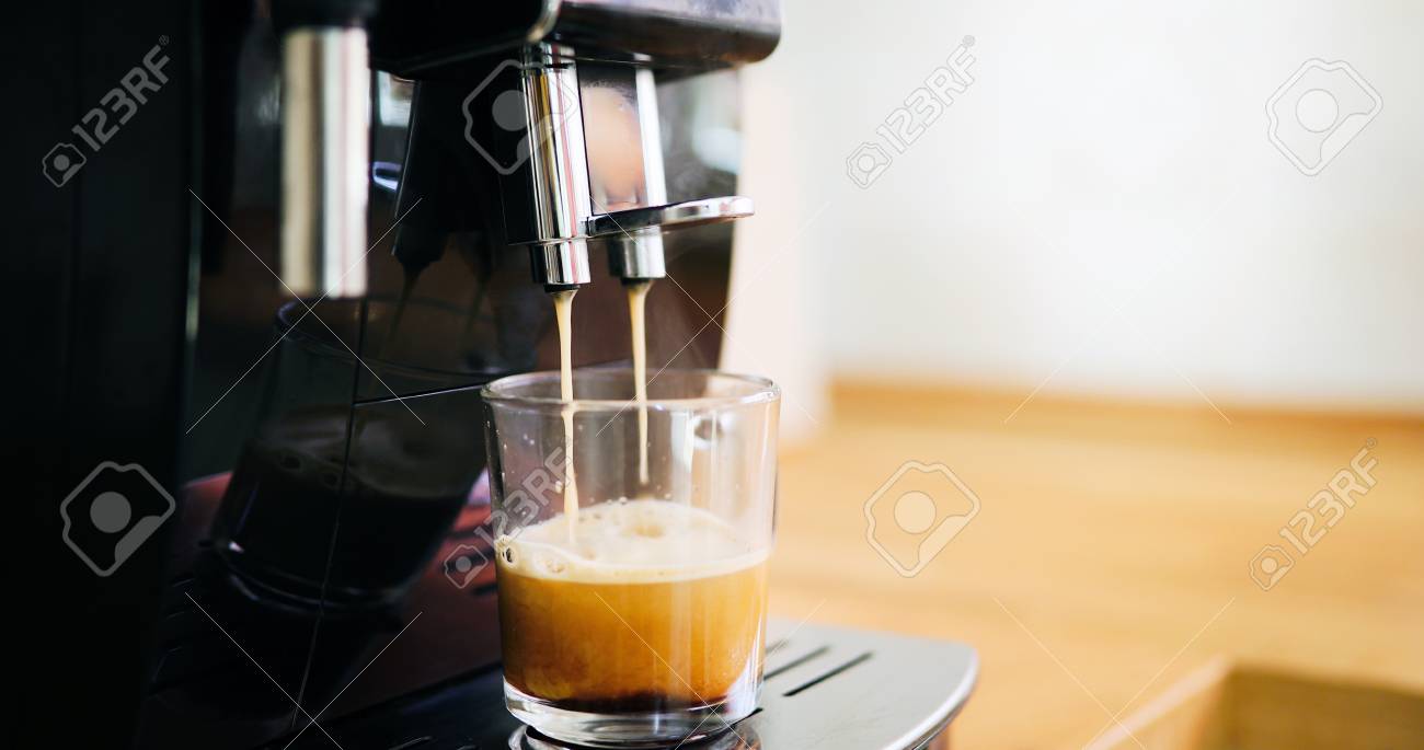 Coffee Machine Making In Morning With Crema Stock Photo Coffee Machine Making In Morning With Crema Stock Photo