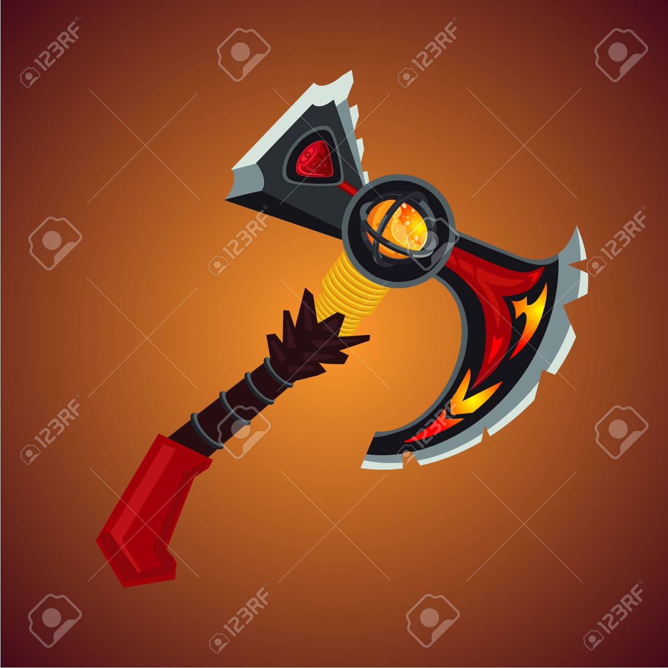 バイキング武器漫画スタイル 魔法のアンティークバトル斧 ゲームデザインアイコンのコンセプト のイラスト素材 ベクタ Image