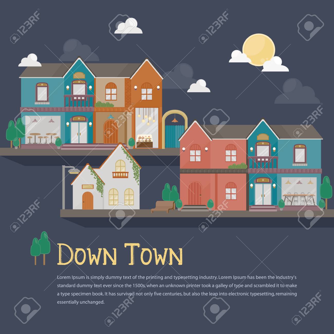 都市建築のイラスト 満月の夜のカラフルな建物 ダウンタウンフラットビルテンプレート のイラスト素材 ベクタ Image