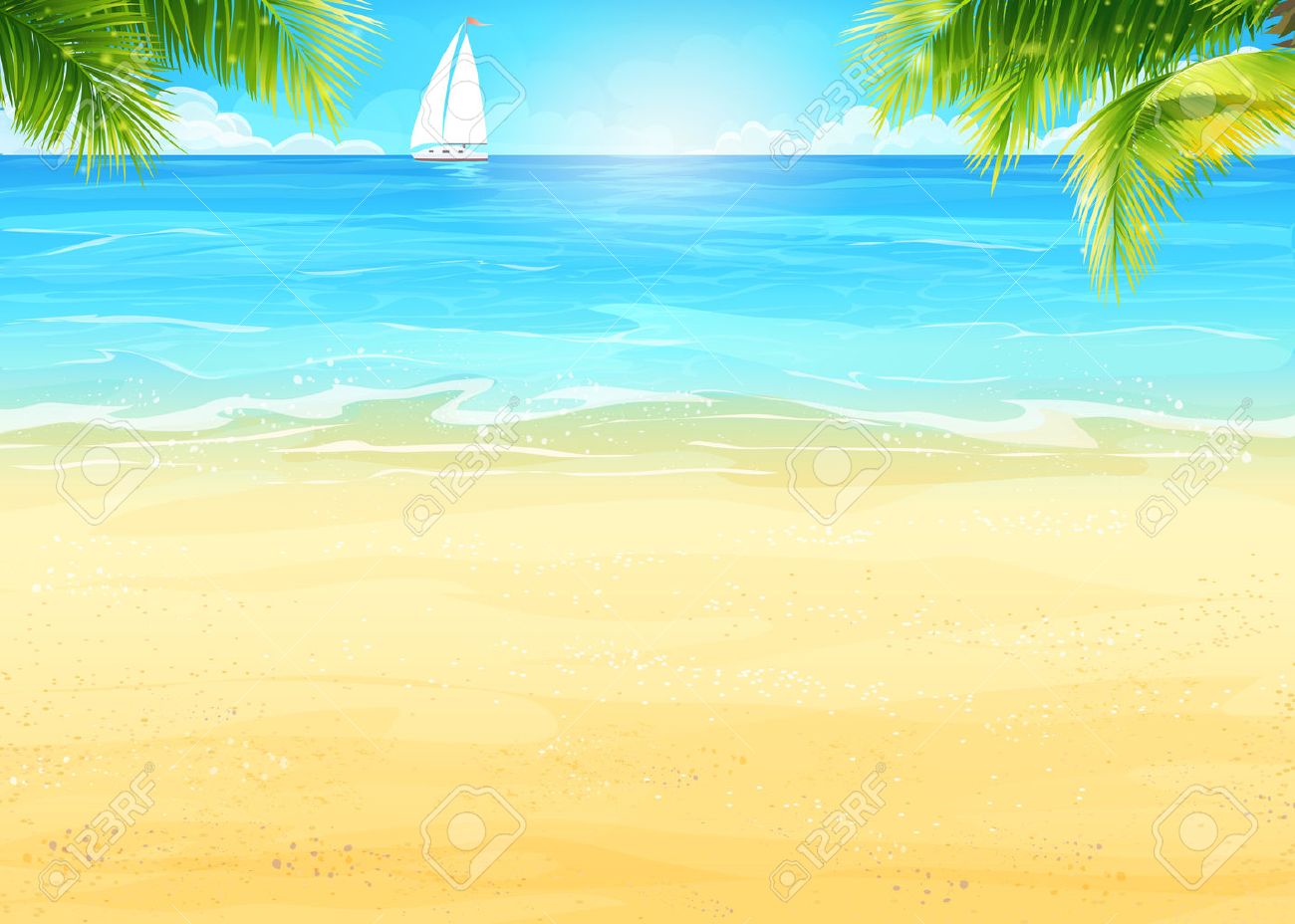 Illustration Summer beach, palm trees on the background of sea and white sailboat - 40978188 Illustration Summer beach, palm trees on the background of sea and white sailboat - 40978188