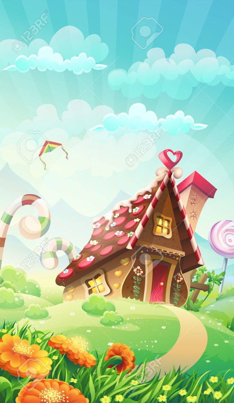 Cartoon candy house on the meadow - vector illustration - 47072647 Cartoon candy house on the meadow - vector illustration - 47072647
