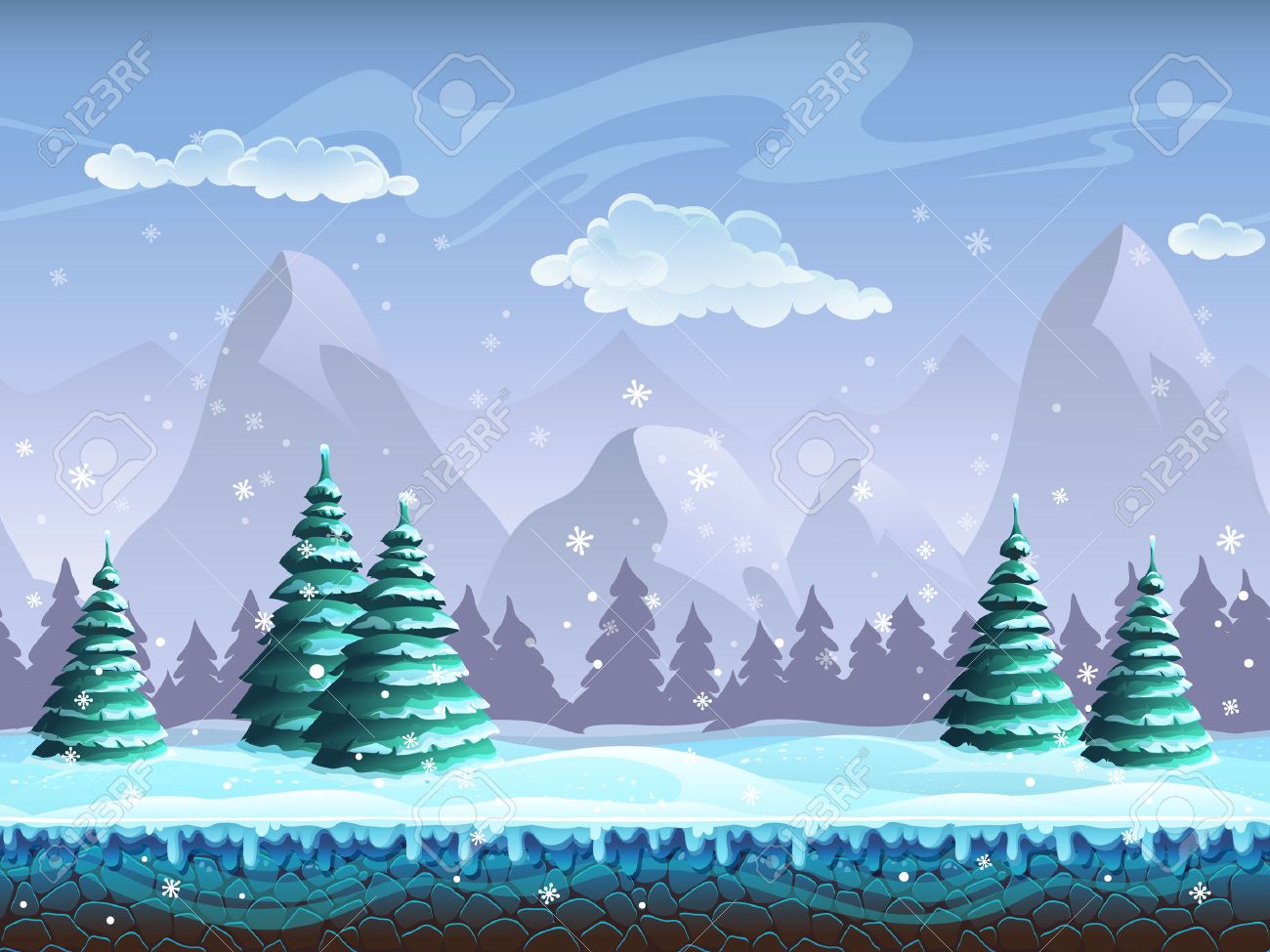 Seamless cartoon winter landscape background endless ice, snow hills, mountains, clouds, sky - 47673529 Seamless cartoon winter landscape background endless ice, snow hills, mountains, clouds, sky - 47673529