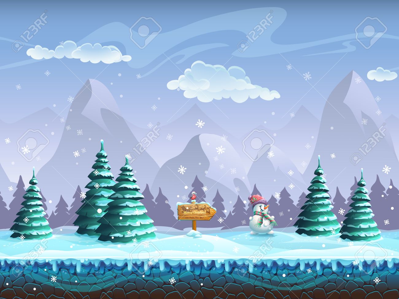 Seamless cartoon background with winter landscape sign snowman and bullfinch - 47748068 Seamless cartoon background with winter landscape sign snowman and bullfinch - 47748068