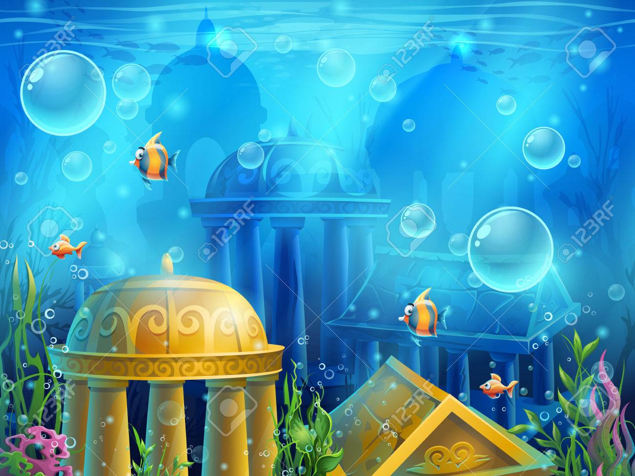 Atlantis ruins - background illustration screen to the computer game. Bright background image to create original video or web games, graphic design, screen savers. - 56046706 Atlantis ruins - background illustration screen to the computer game. Bright background image to create original video or web games, graphic design, screen savers. - 56046706