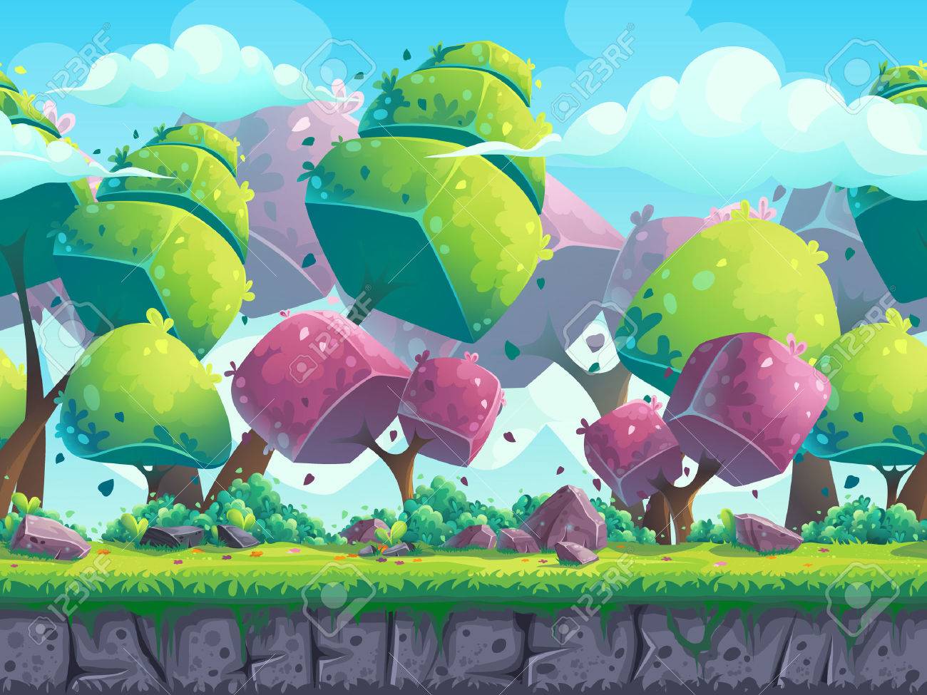 Seamless cartoon natural landscape with futuristic trees - 59195360 Seamless cartoon natural landscape with futuristic trees - 59195360