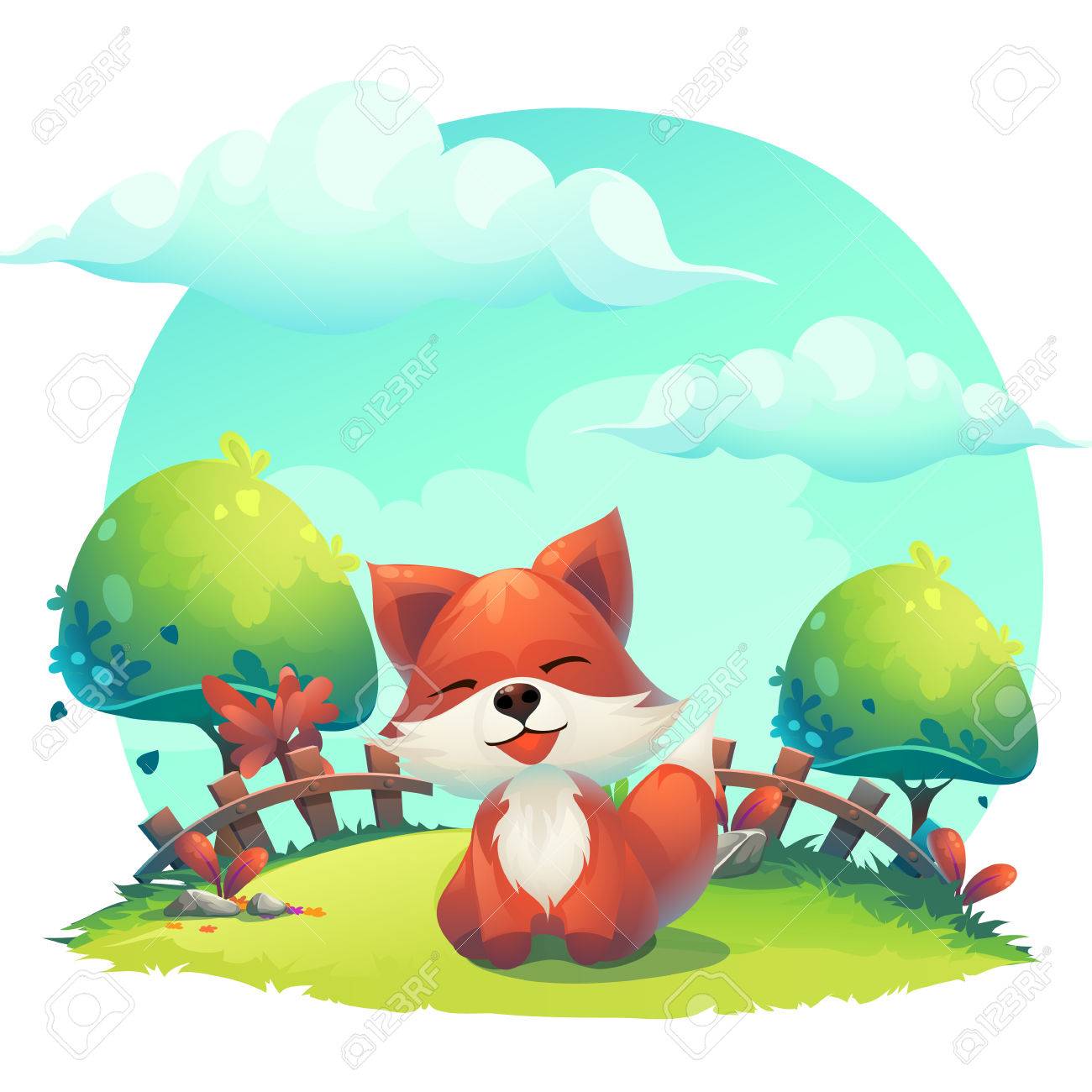 Fox En La Hierba - Una Ilustración De Dibujos Animados Para Niños - Imagen  Estilizada. Para Imprimir, Crear Vídeos O El Diseño Gráfico Web, Interfaz De  Usuario, Tarjeta, Cartel. Ilustraciones Svg, Vectoriales,