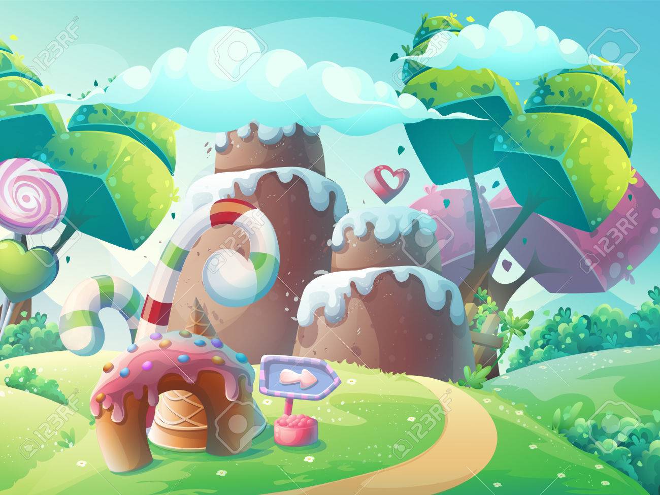 Vector cartoon illustration background sweet cake with fantasy trees - 67847132 Vector cartoon illustration background sweet cake with fantasy trees - 67847132