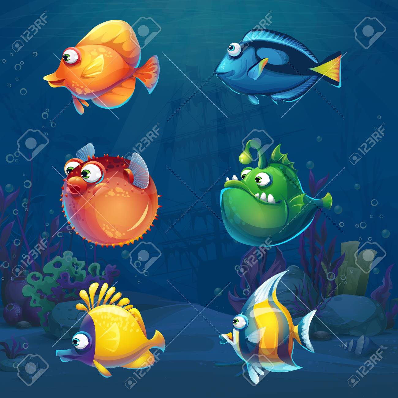 Set of cartoon funny fish in underwater world - 104302077 Set of cartoon funny fish in underwater world - 104302077