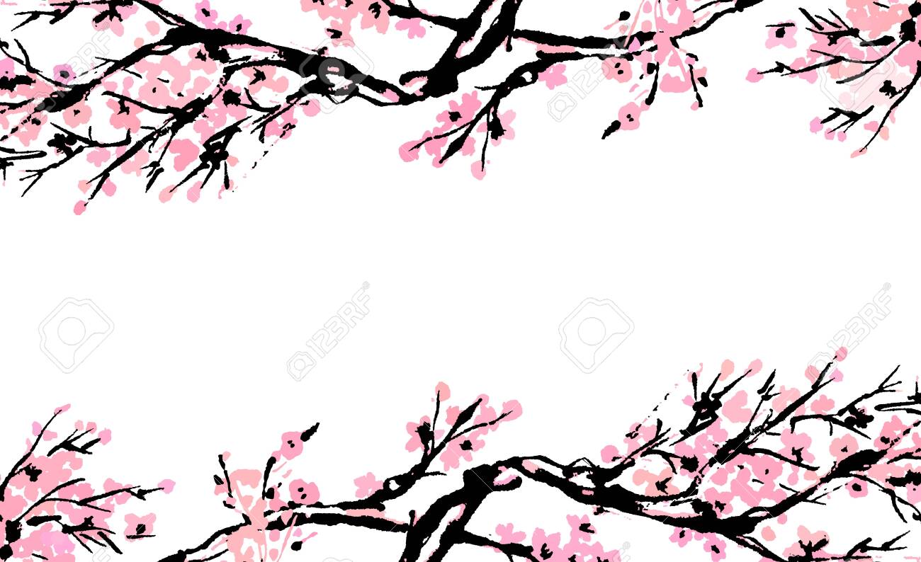 cherry-blossom-spring-floral-template-with-hand-drawnes-branch-with-red-cherry-flowers-blooming-sakura-blossoming-banner-template-chinese-or-japanese-traditional-drawing-vector-royalty-free-svg-cliparts-vectors-and-stock-illustration