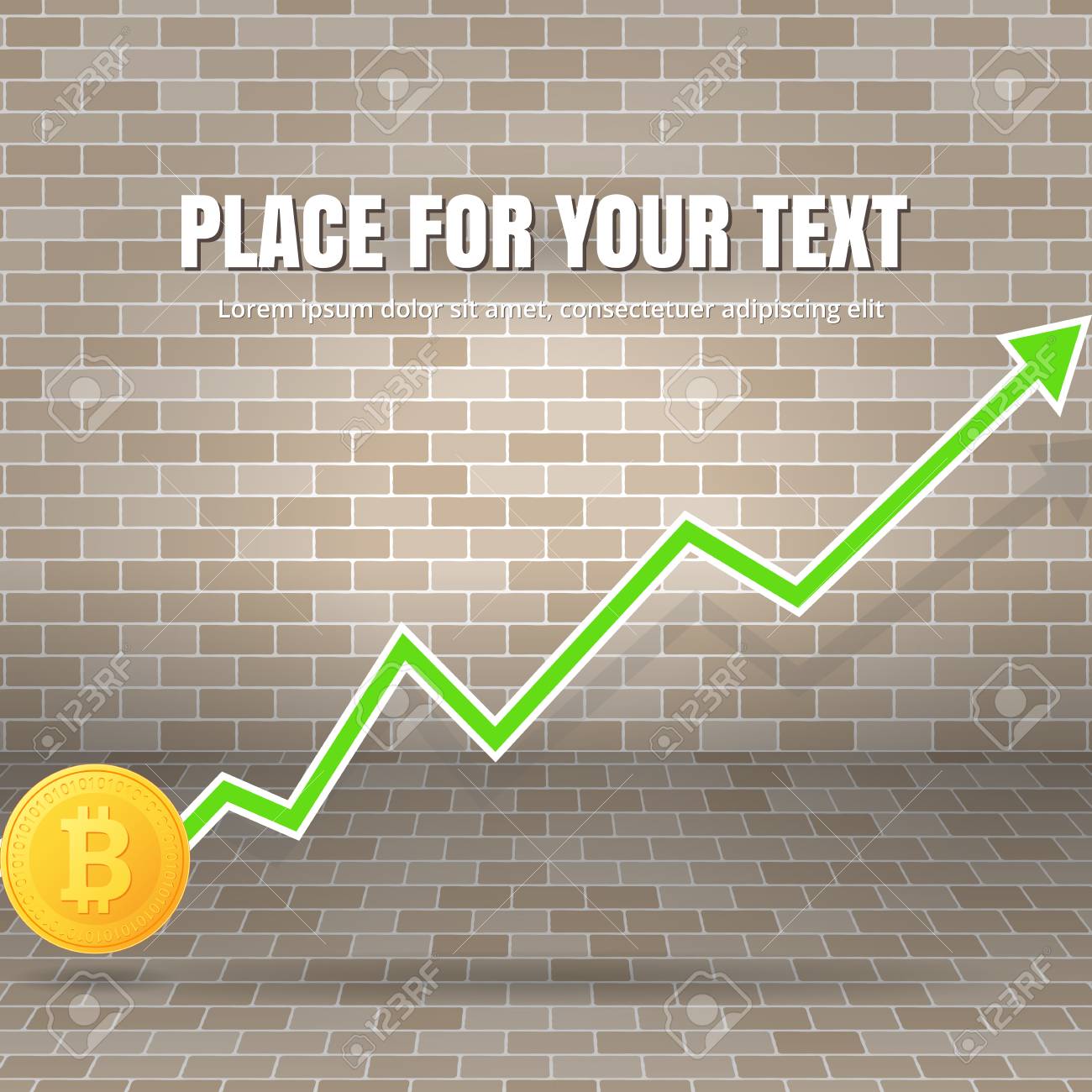 성장률 비트 코인의 그래프. 암호 화폐의 성장, 벽돌 벽의 배경. 벡터 일러스트입니다. 로열티 무료 사진, 그림, 이미지 그리고  스톡포토그래피. Image 96208349
