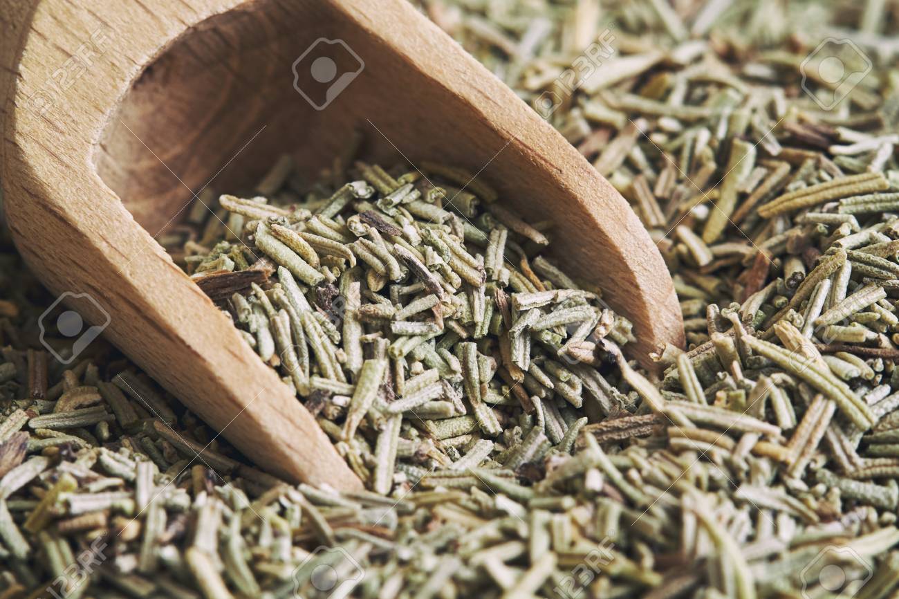 closeup of dried rosemary leaves with wooden scoop stock photo