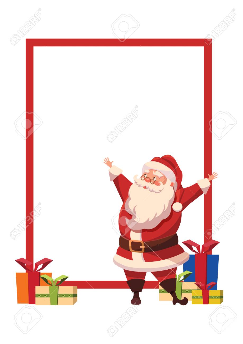 design for xmas poster with christmas santa claus with arms wide gifts template