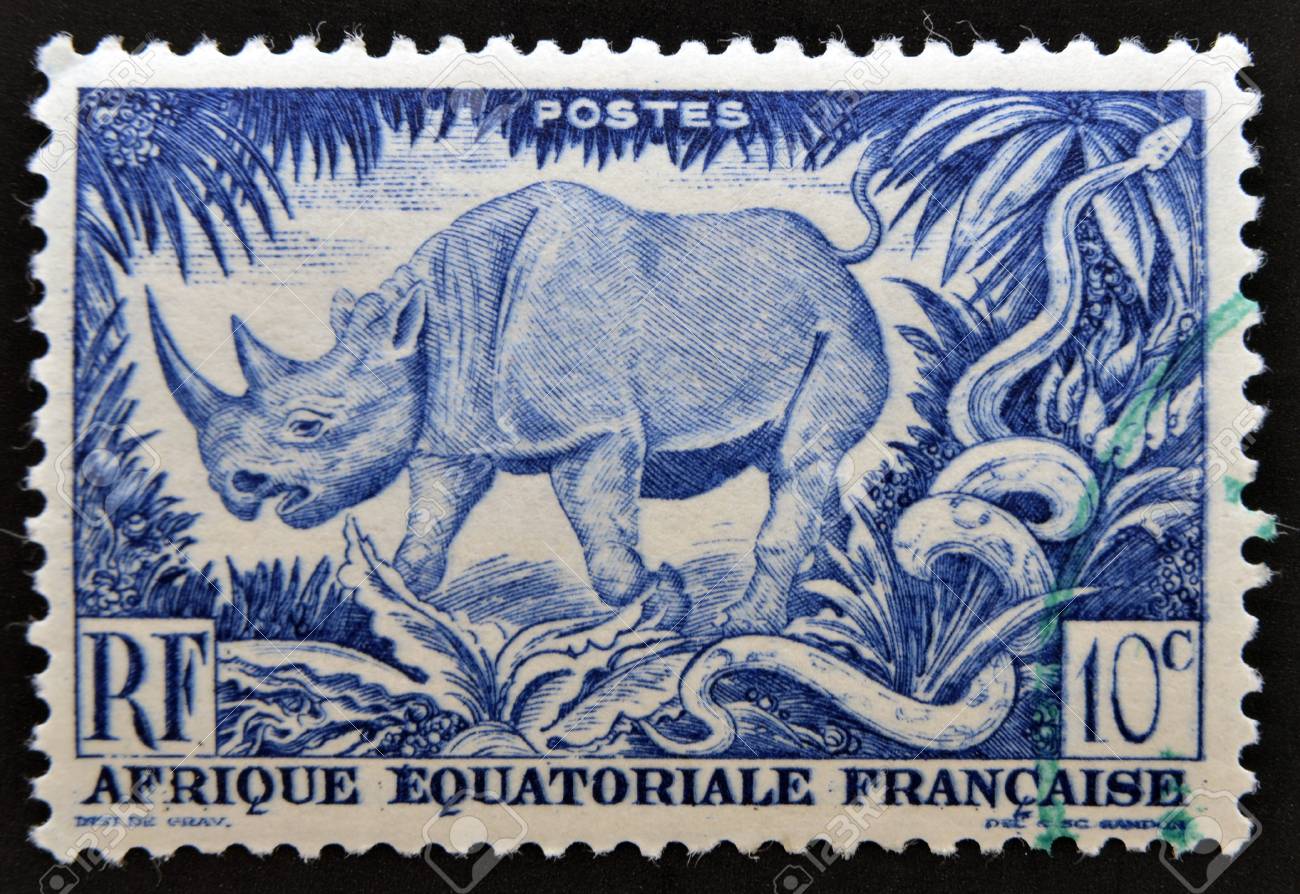 FRANCE - CIRCA 1957: A Stamp Printed In French Equatorial Africa Shows Blue  Scene Of The African Savannah With A Rhino And A Snake, Circa 1957 Stock  Photo, Picture and Royalty Free Image. Image 15745124.