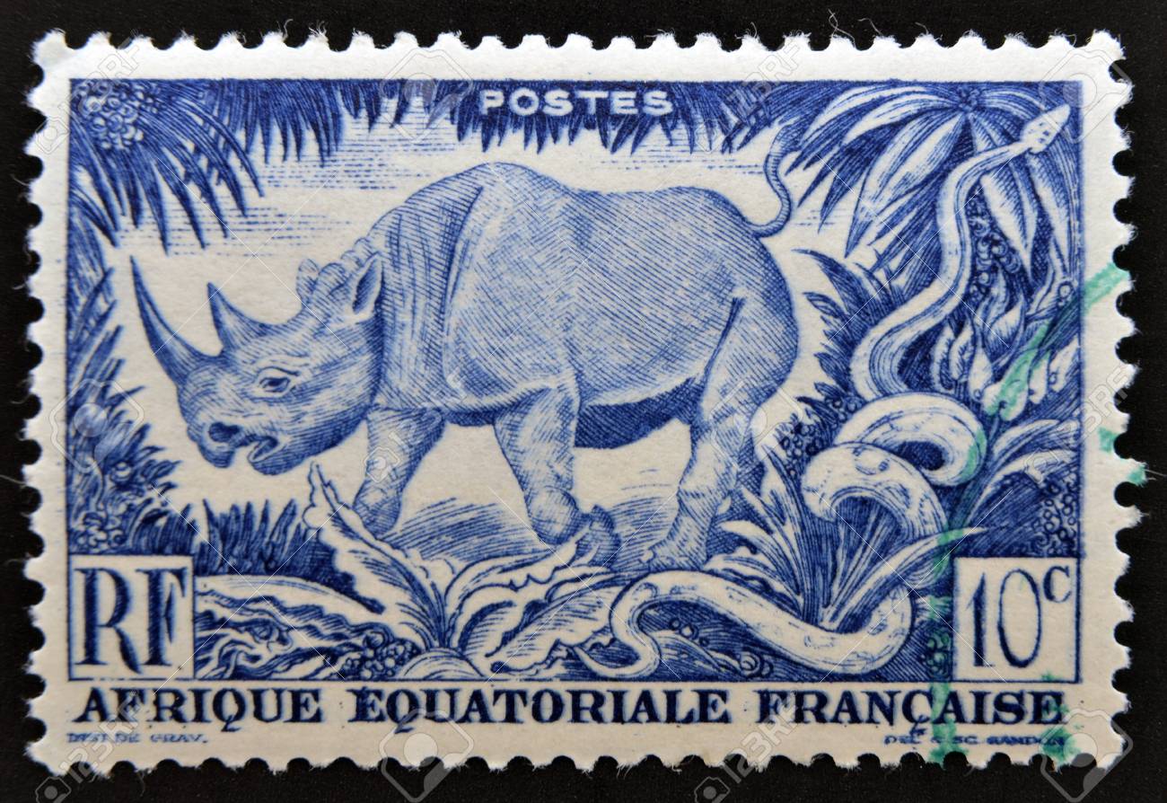 FRANCE - CIRCA 1957: A Stamp Printed In French Equatorial Africa Shows Blue  Scene Of The African Savannah With A Rhino And A Snake, Circa 1957 Stock  Photo, Picture and Royalty Free Image. Image 15745124.