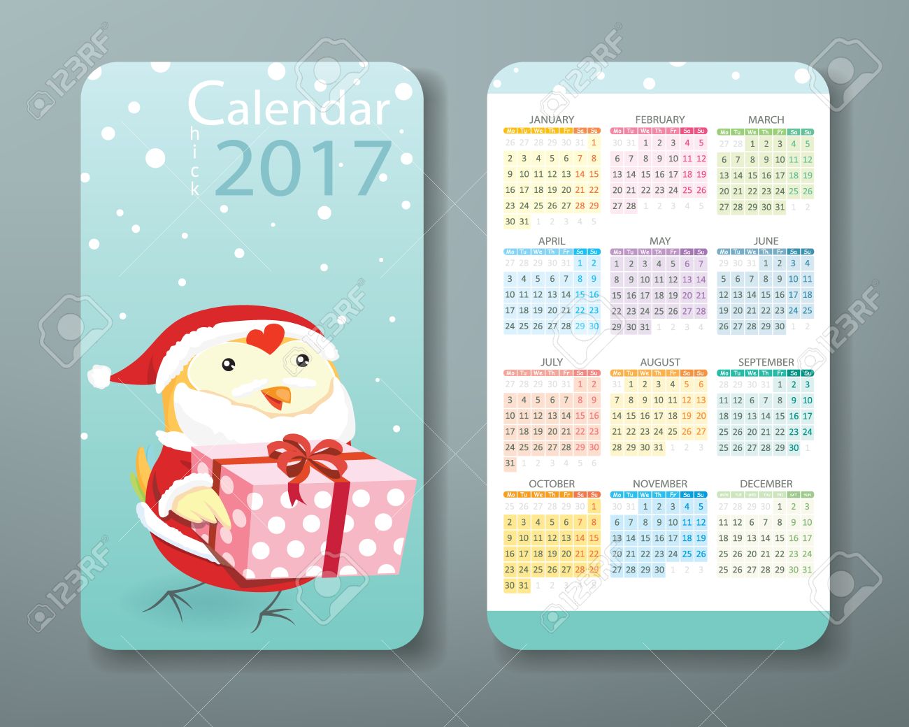 カレンダーの 17 年 かわいいひよこの文字 標準の名刺サイズです 1102 642 Px クリスマスのコンセプトです のイラスト素材 ベクタ Image