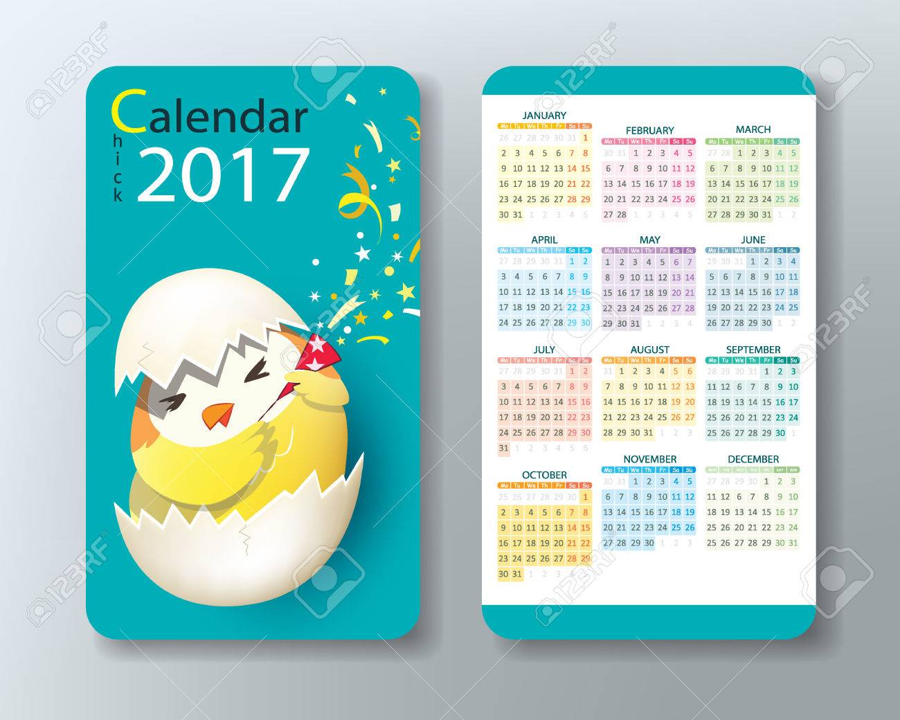カレンダーの 17 年 かわいいひよこの文字 標準的なビジネス名刺サイズ 1102 642 Px のイラスト素材 ベクタ Image