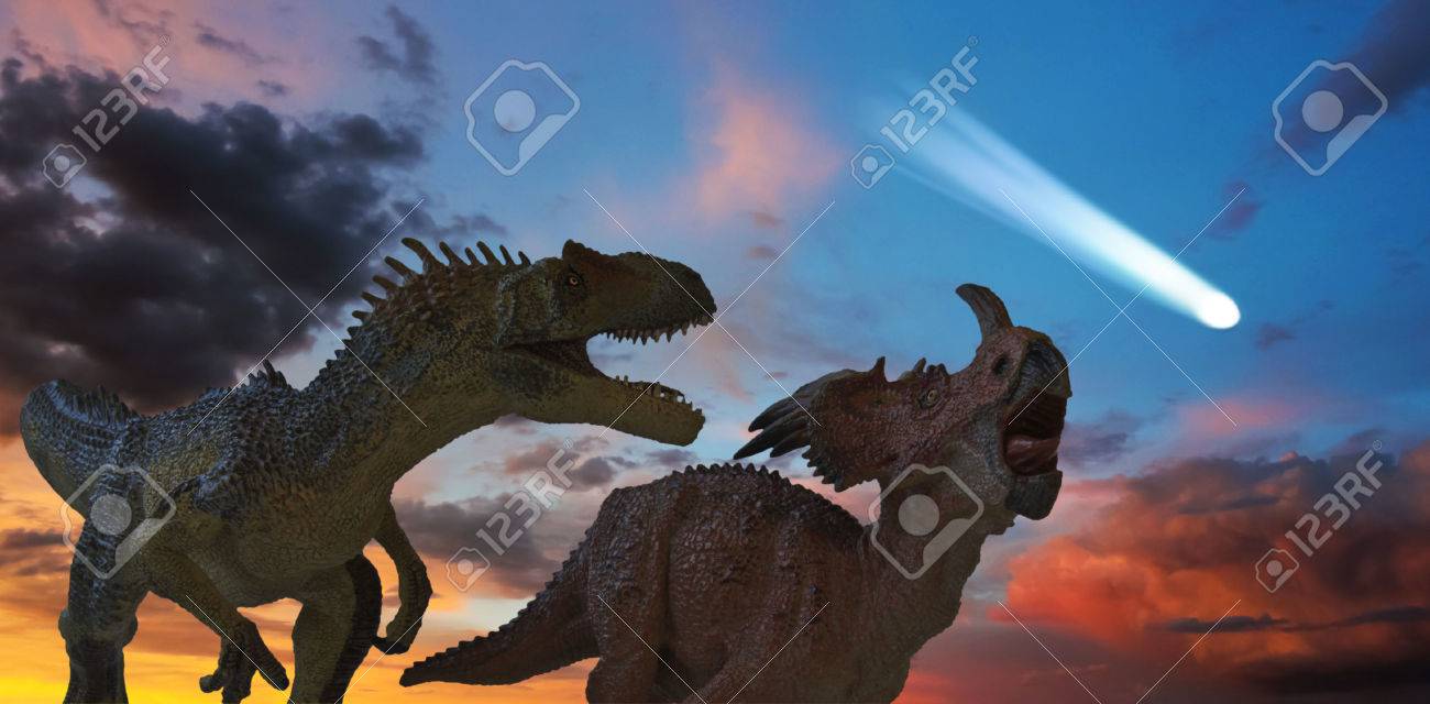 Allosaurus and Styracosaurus Battle as the Comet that Spells Extinction Approaches - 31830521 Allosaurus and Styracosaurus Battle as the Comet that Spells Extinction Approaches - 31830521