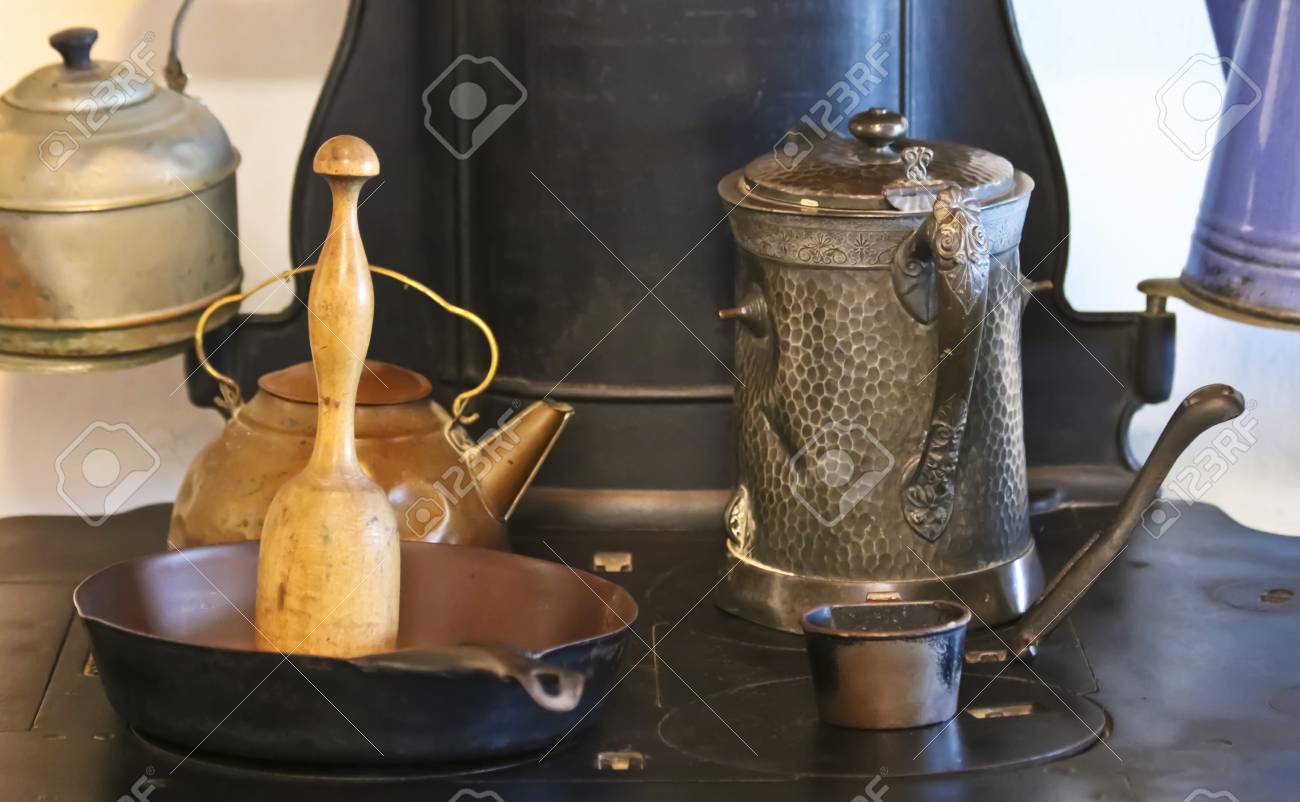 A Vintage Set Of Cooking Utensils On An Antique Wood Burning Stock Photo Picture And Royalty Free Image Image 89515856