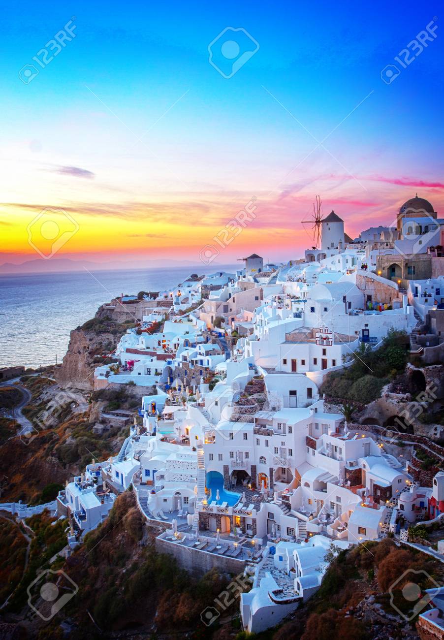 Oia village at colorful sunset, Santorini Greece, retro toned - 68355594 Oia village at colorful sunset, Santorini Greece, retro toned - 68355594