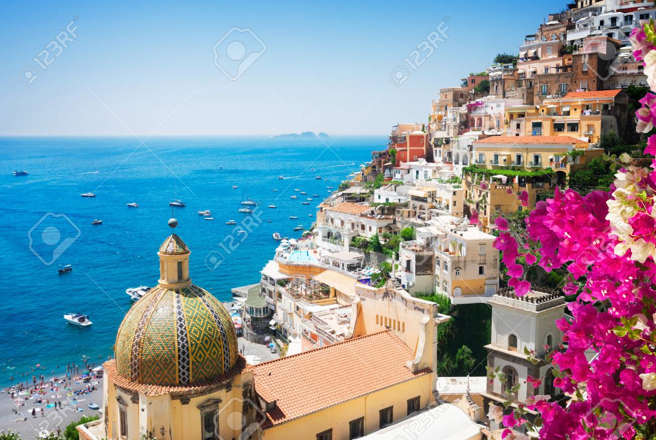 view of Positano with flowers - famous old italian resort, Italy - 95764018 view of Positano with flowers - famous old italian resort, Italy - 95764018