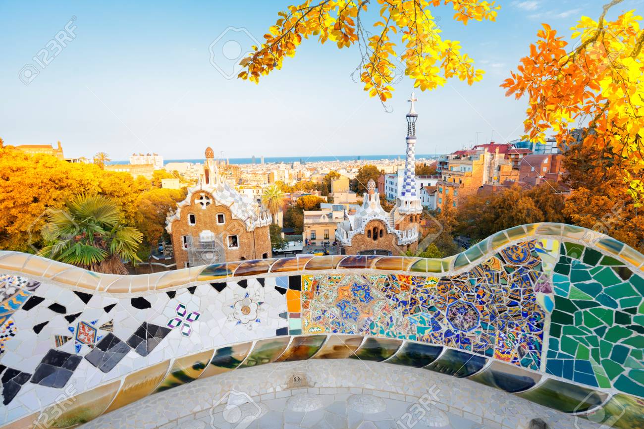 Gaudi Mosaic Bench Detail And Skyline Of Barcelona From Park Guell At  Sunset, Catalonia Spain At Fall Stock Photo, Picture And Royalty Free  Image. Image 124707422.