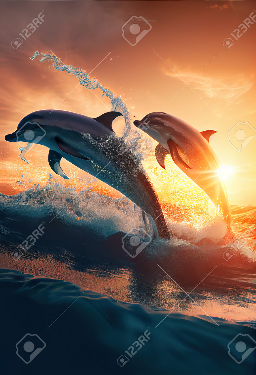 Dolphins Jumping In Waves, Seascape Background With Clear Water And Sunset  Stock Photo, Picture and Royalty Free Image. Image 195832962., image size:889x1300