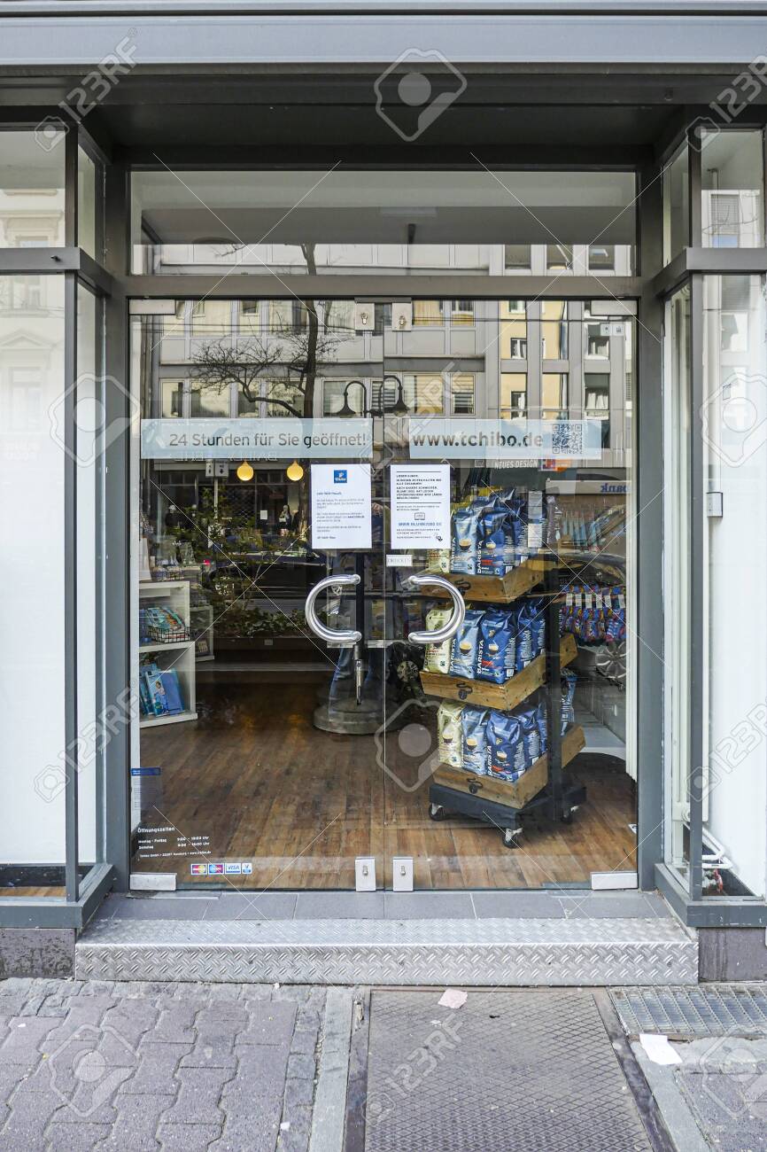 Coronavirus lockdown. Frankfurt, Germany. April 5, 2020. Closed glass doors of store during covid-19 quarantine. - 144821540 Coronavirus lockdown. Frankfurt, Germany. April 5, 2020. Closed glass doors of store during covid-19 quarantine. - 144821540