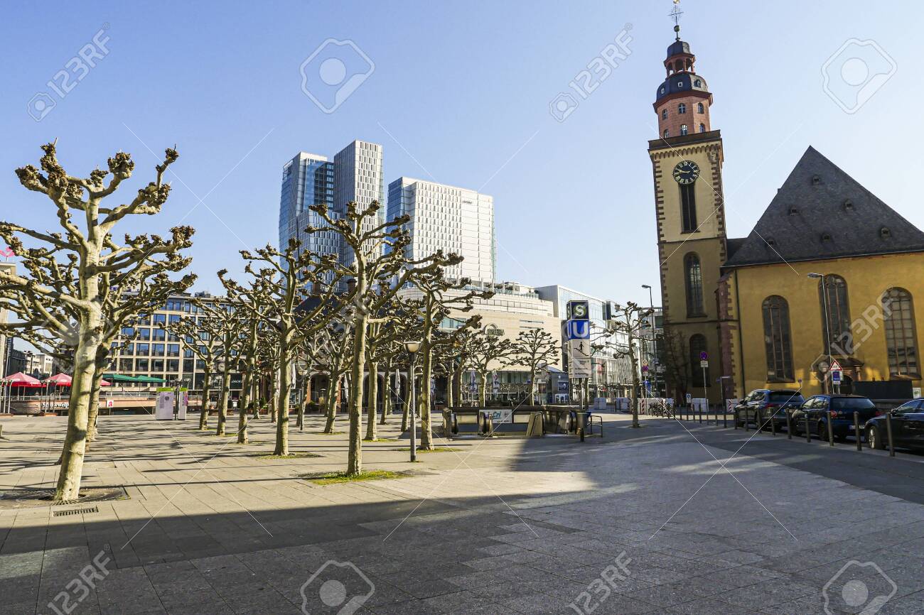Coronavirus lockdown. Frankfurt, Germany. April 5, 2020. Empty promenade with St. Paul's church and modern buildings druid covid-19 quarantine. - 144821566 Coronavirus lockdown. Frankfurt, Germany. April 5, 2020. Empty promenade with St. Paul's church and modern buildings druid covid-19 quarantine. - 144821566